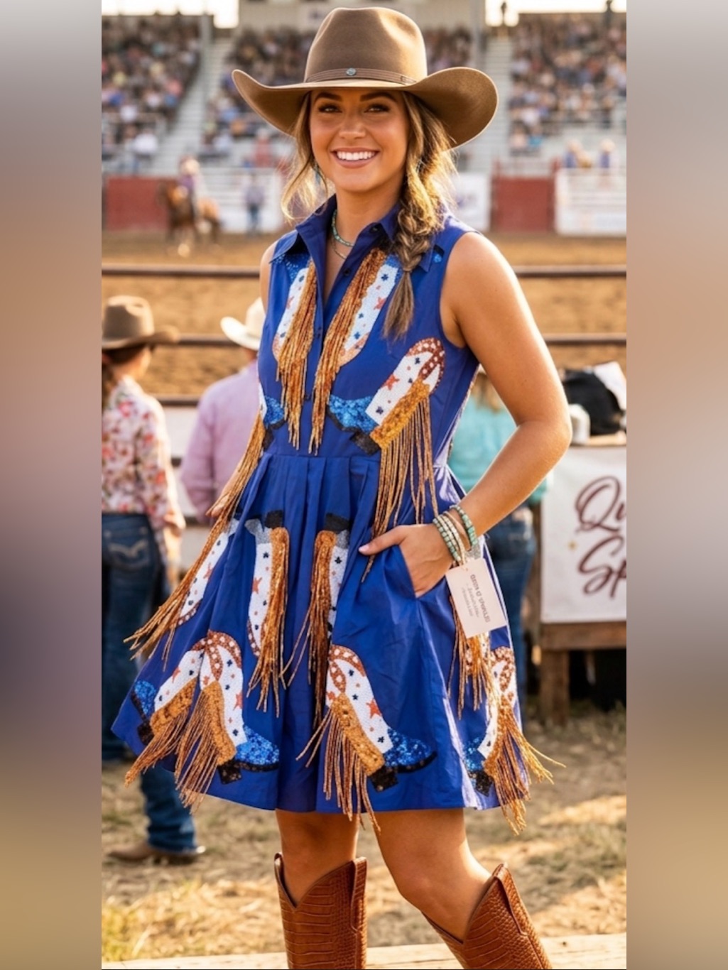 New! Queen Of Sparkles Blue And Orange Boot Fringe Mini Dress